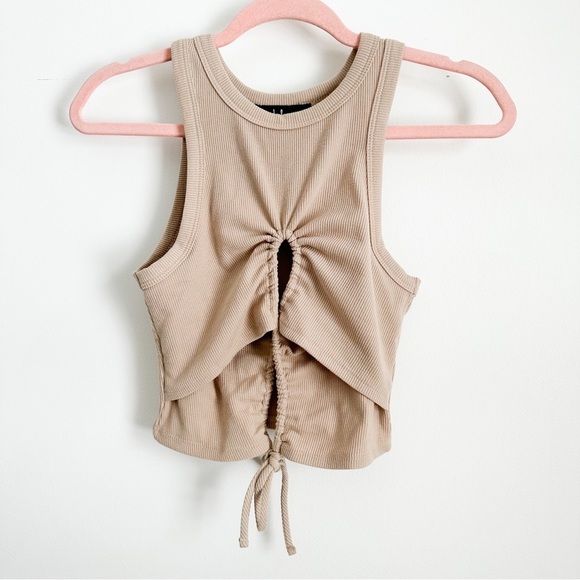 Lulu’s Times Two Beige Double Keyhole Cropped Drawstring Tank Top sz XS - Picture 6 of 10